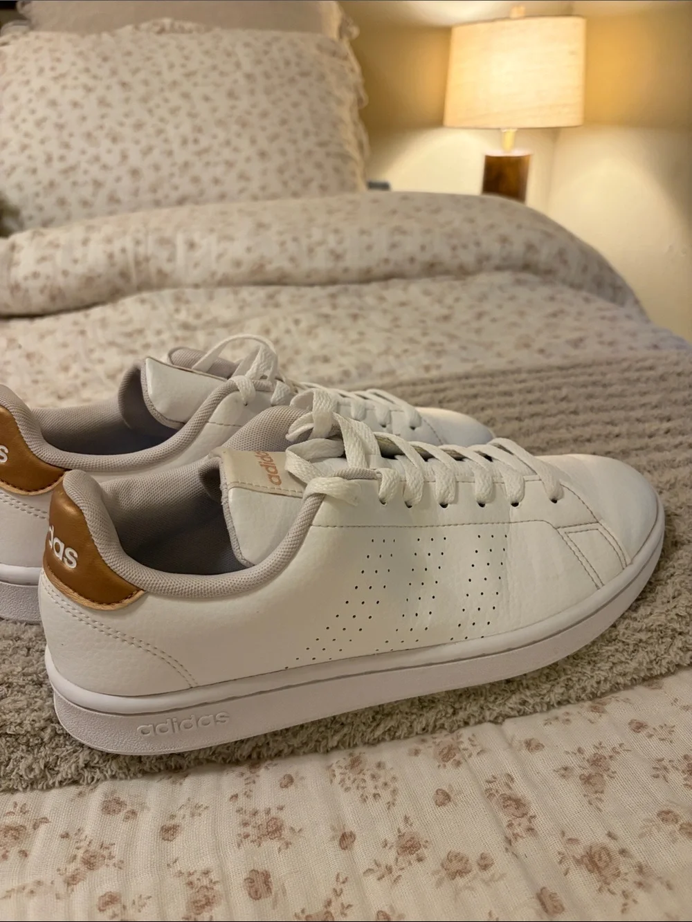 adidas White Leather Low-Top Sneakers with Gold Logo Accents